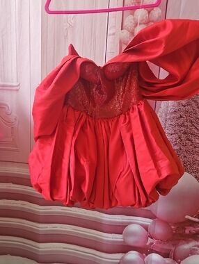 Red Strapless Bubble Hem Evening Dress